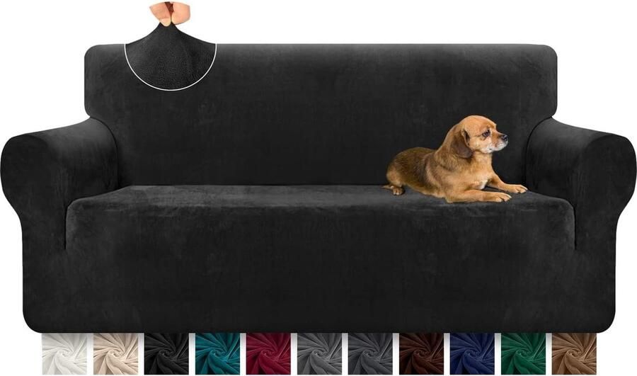 Granbest Bankhoes voor 3-zits van fluweel en pluche superzacht elegant en luxueus met dikke elastaanschuimstaven meubelbescherming 1 stuk zwart