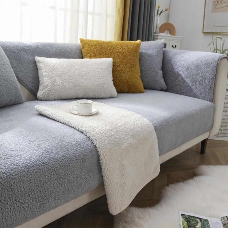 Grappige Fuzzy Hoek Antislip Bankhoes Antislip Geschikt voor L-vormige banken 1 2 3 4-zits Lichtgrijs 70x180cm