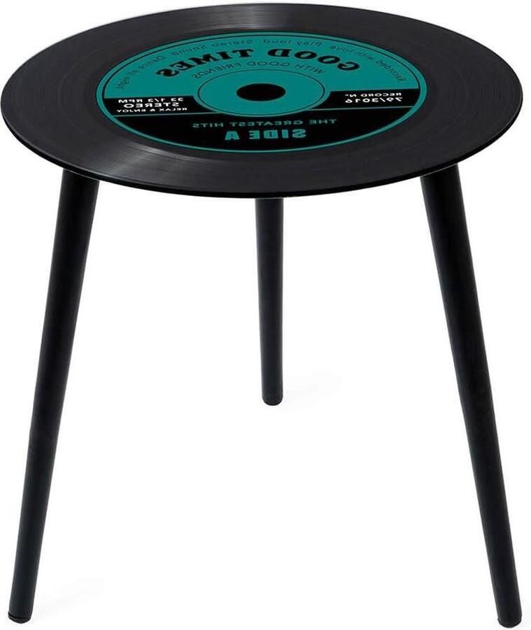 Bijzettafel kleur groen vinylplaat bijzettafel houten poten glas 40cm