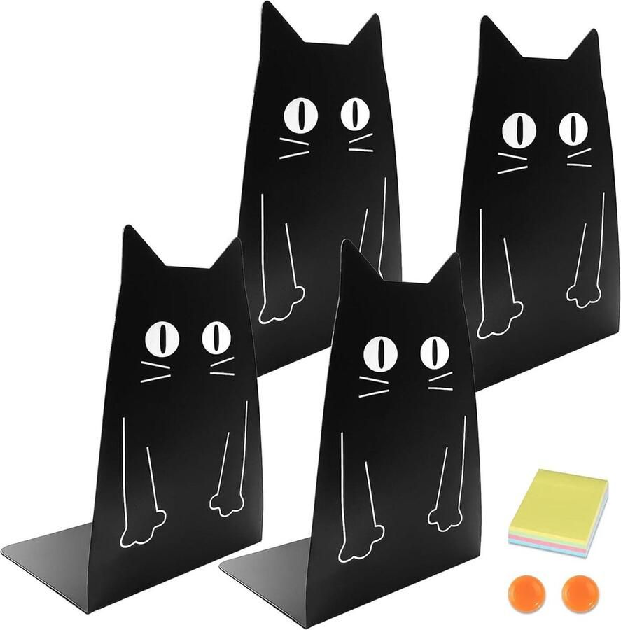 Green Metal Bookend Shelf 2 Pair Block Book Shelf for Home Library (Cute Black Cat)