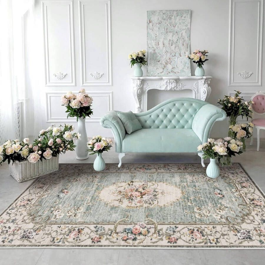 Vloerkleed voor woonkamer Vintage look perzisch tapijt Laagpolig Glad geweven Opvouwbaar Oosters keukentapijt voor eetkamer Slaapkamer Groen 120 x 170 cm