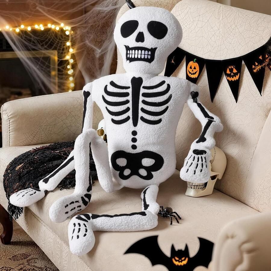 Retadou Griezelig skeletkussen grappig Halloween-pluchen kussen zacht gevuld kussen groot gothic-kussen als cadeau bank slaapkamer feest binnen- en buitenhorrordecoratie wit