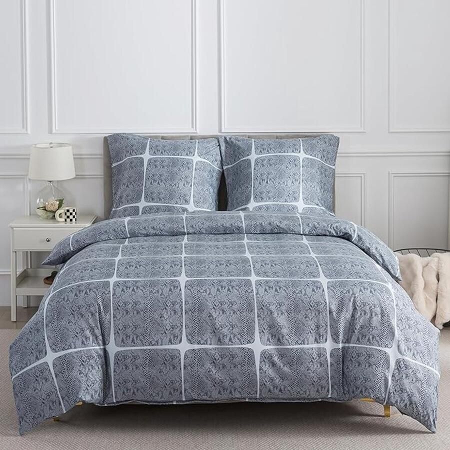 Grijs beddengoed 240 x 220 cm 3-delig geruit dekbedovertrek 240 x 220 cm en 2 kussenslopen van 80 x 80 cm met ritssluiting abstract geometrisch patroon voor tweepersoonsbed