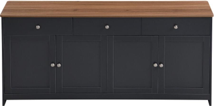 GOTAGEE Grijs en zwart dressoir met houtnerf vier deuren drie lades woonkamer eetkamer. houtkleur en grijszwart