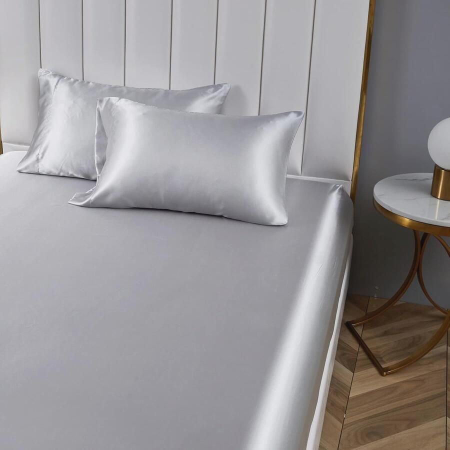 Grijs Hoeslaken 160 x 200 cm voor Boxspring Zijdeachtig Satijn Effen Patroon Geschikt voor Hoge Matrassen (25-30 cm)