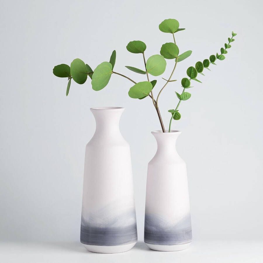 Grijs-witte vazen voor pampasgras moderne bloemenvaas keramische vaasdecoratie vazenset met kleurverloopeffect voor woonkamer keuken tafel huis 25 30 cm hoog