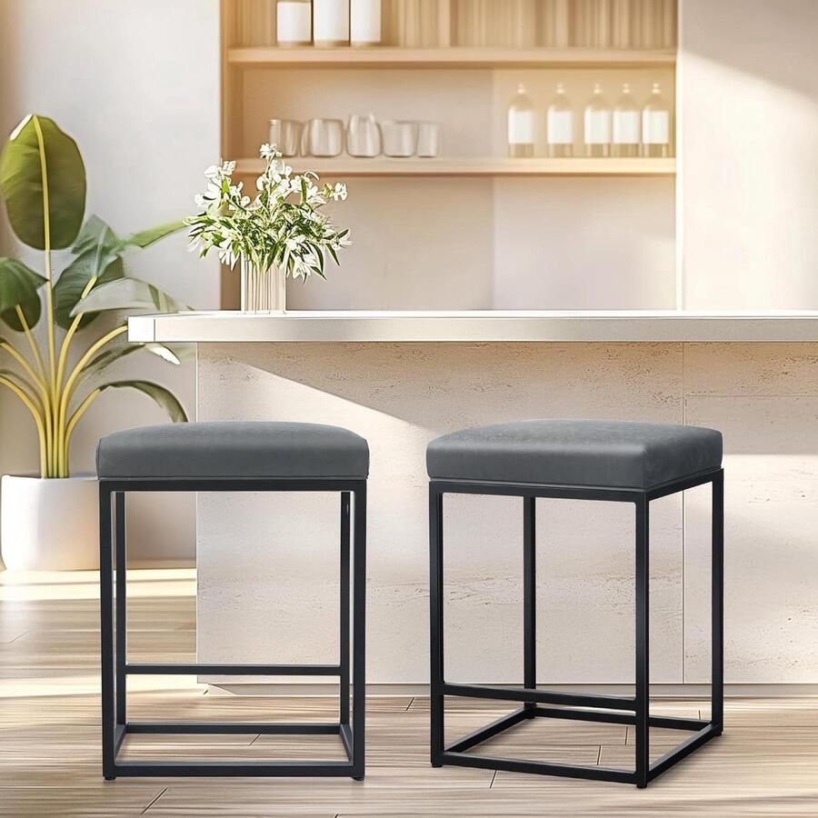 Grijze Barkruk met Voetsteun Hoogte 24 inch 2 stuks PU Leer