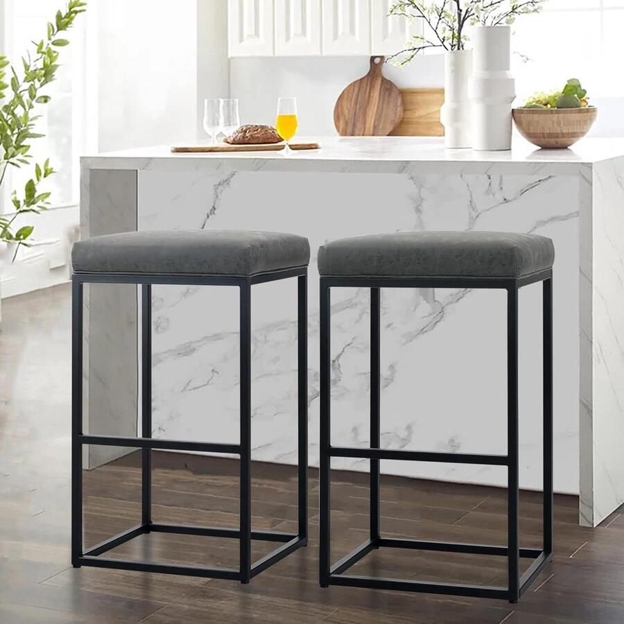 Grijze Barkruk met Voetsteun Hoogte 30 inch PU Leer 2 Stuks