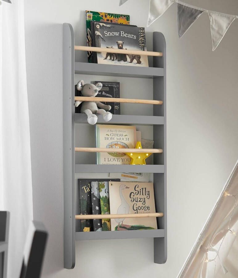 Grijze boekenkast voor kinderen open kinderkamerrek van hout multifunctioneel rek met vier rijen ruimtebesparende speelgoedorganizer wandboekcase grijs