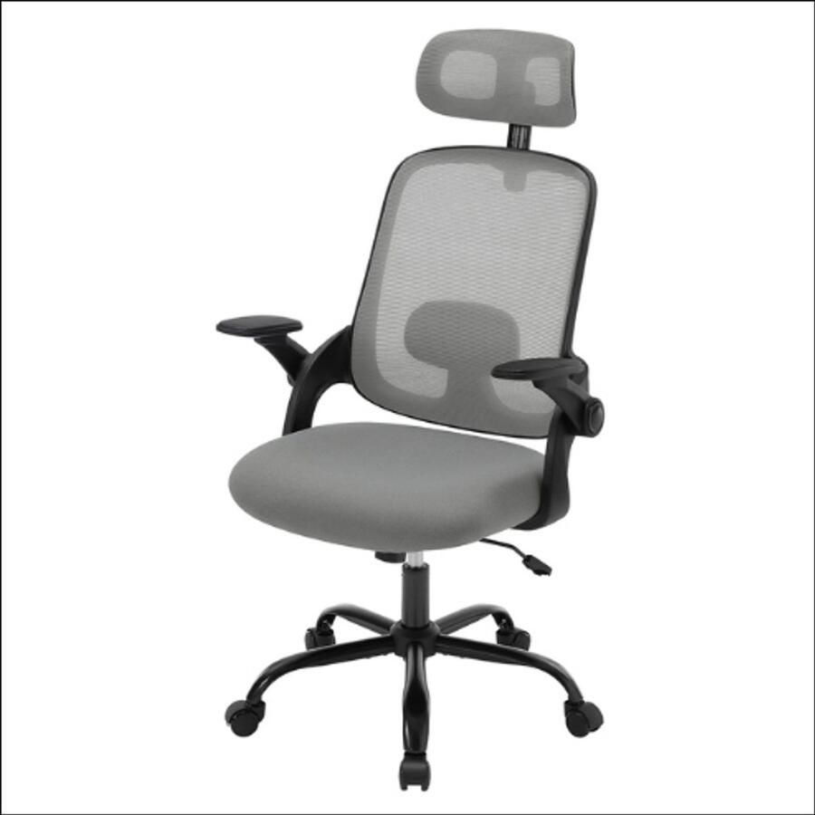 Grijze Ergonomische Bureaustoel – Draaibare Office PC Chair – Mesh Stoel met Wieltjes – Verstelbare Hoofdsteun en Lendensteun – Comfortabel en Ademend – Voor Thuiswerk en Kantoor – 50x63 5x117 5 cm – Stevig & Stijlvol