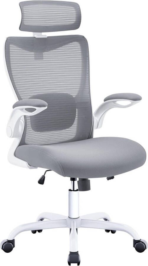 Grijze ergonomische bureaustoel met lendensteun en verstelbare hoofdsteun bureaustoel met opklapbare armleuningen pc-stoel met hoogteverstelling en schommelfunctie maximale belasting 150 kg