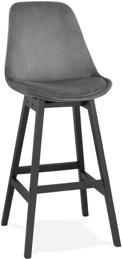 Grijze Fluwelen Barkruk Stijlvolle Kruk Uitzonderlijk Comfort & Zwarte Houten Poten