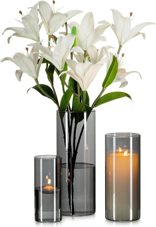 Grijze Grote Vaas Moderne Cilinder Vazen Voor Bloemen Woonkamer Tafel Decoraties Orkaan Vazen Decor Rozen Tulpen Pampa'S Decoratieve Kaarshouders (15 20 25cm)