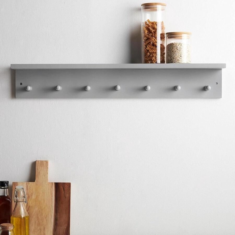 Grijze houten zwevende plank met 7 haken Kapstok voor hal en slaapkamer Wandgemonteerde plank Badkamer opslag Keukenorganisator Sleutelhouder 72 cm x . kapstok hangend met plank