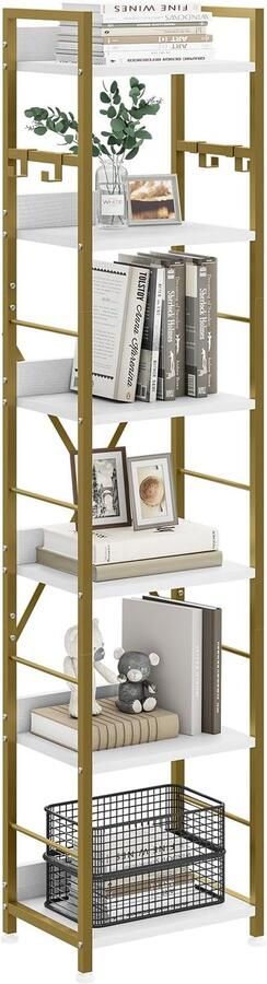 Grijze industriële boekenkast 6 niveaus + 4 haken Houten plank & metalen frame 180x30x180cm