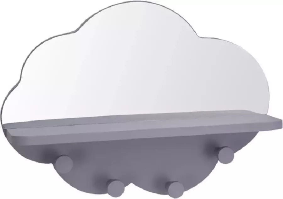 Grijze kapstok met spiegel wolk vorm 39 cm kinderkamer accessoires Babykamer kinderkamer accessoires Spiegels Kapstokken Wolken kapstok spiegel 2-in-1