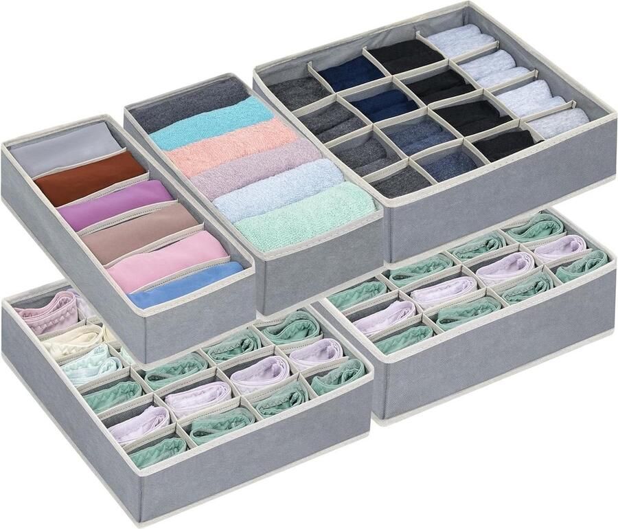 Inovra Plus Grijze Ladeorganizers met Verdelers (5 Stuks) Opvouwbare Stoffen Ladeopbergsystemen voor Sokken Stropdassen Ondergoed Zakdoeken Riemen 76 Compartimenten Opvouwbare Dienbladen