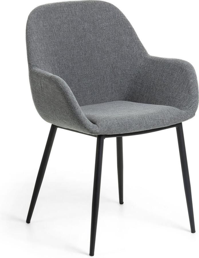 Grijze stoffen armstoel met zwarte poten