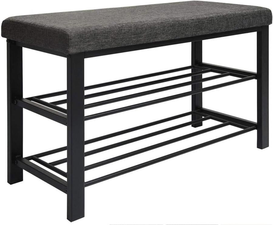 Open Schoenenbank met Gevoerde Zitting Modern Schoenenrek met 2 Planken Metaal & Linnen Look Ideaal voor Hal of Entree