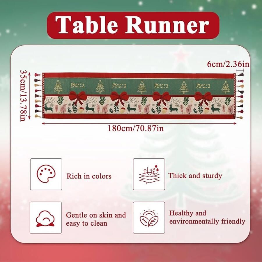 Groen Witte Achtergrond Kerst Tafelloper Retro Polyester 35x180 cm