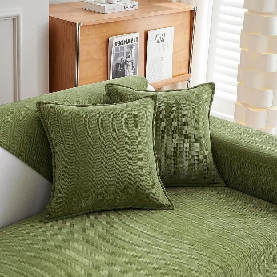 Groene 16 x 16 cm chenille-kussenslopen set van 2 zachte en luxe decoratieve sierkussens voor bank bed en woondecoratie