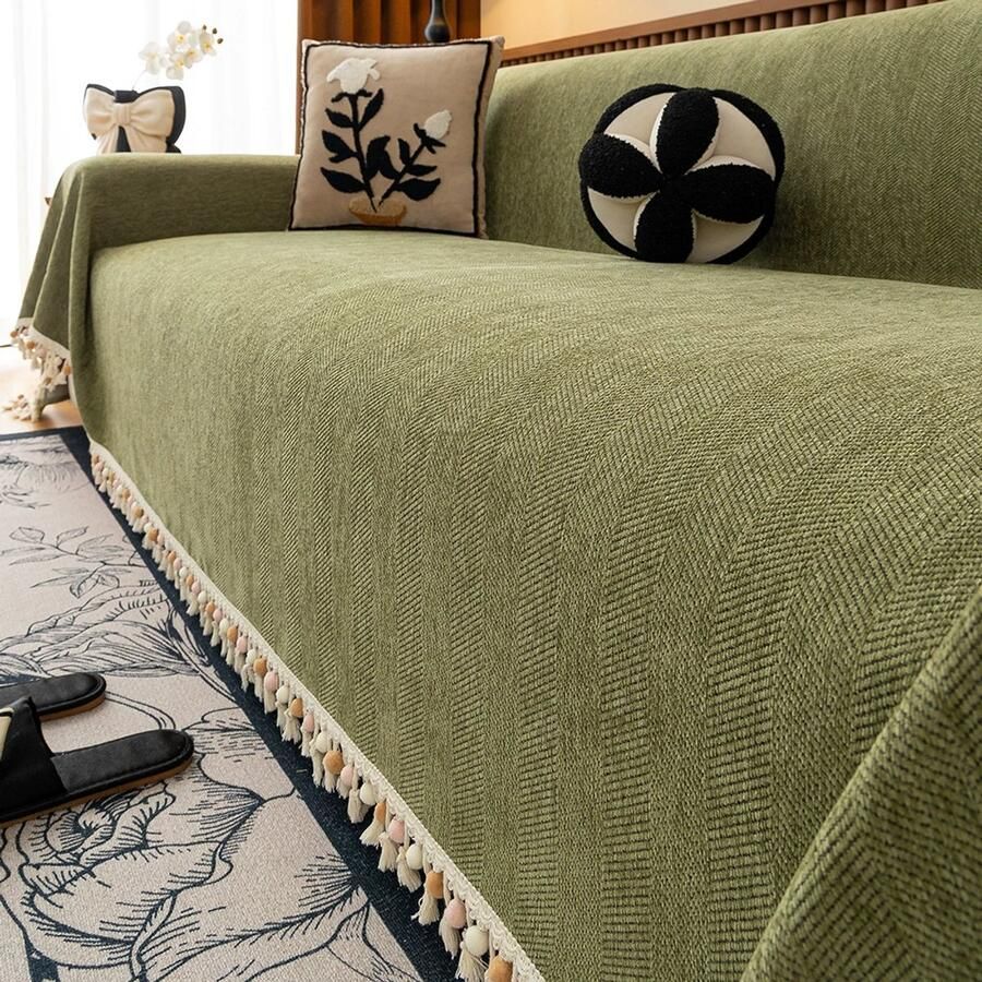 Groene bankhoes Vintage hondenbankhoes 71 inch x 134 inch bankkussenhoes met kwastjes visgraat bankhoes Boheemse bankhoes voor 3 kussens bank Chenille zachte loveseathoes