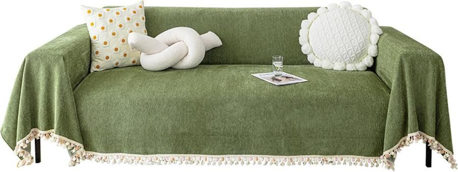 Groene bankhoes Vintage hondenbankhoes 71 inch x 150 inch bankkussenhoes met kwastjes visgraat bankhoes Boheemse bankhoes voor 3 kussens bank Chenille zachte loveseathoes