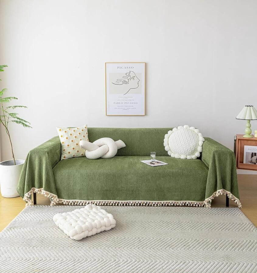 Groene bankhoes Vintage hondenbankhoes 71X118 bankkussenhoes met kwastjes visgraat bankhoes Boheemse bankhoes voor 3 kussens bank Chenille zachte loveseathoes