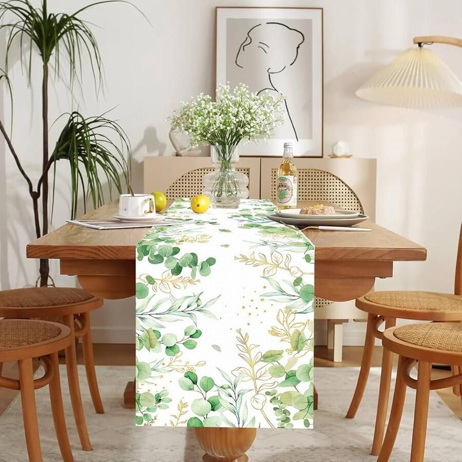 Groene eucalyptusbladeren tafelloper Seizoensgebonden linnen decoratie 1 stuk