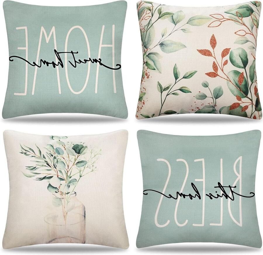 Groene plant eucalyptus kussensloop 50 x 50 cm set van 4 lente zomer kussenslopen voor bank woonkamer auto thuis