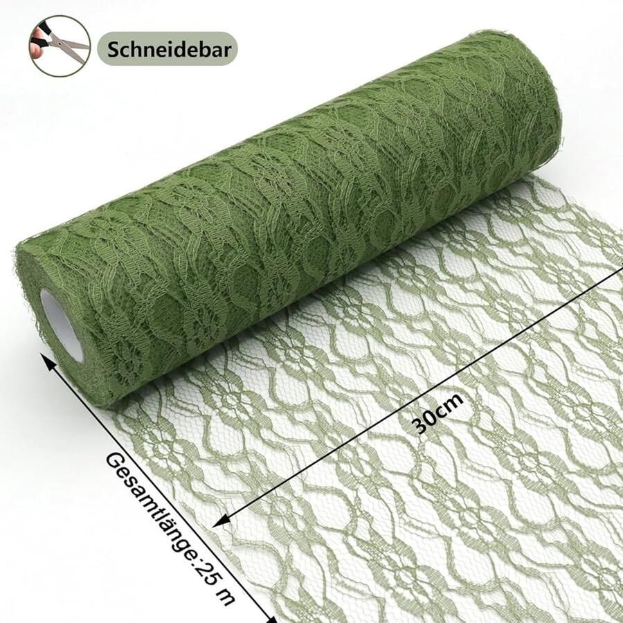 Groene tafelloper van kant Tafeldecoratie voor speciale gelegenheden 30 cm x 25 m Polyester