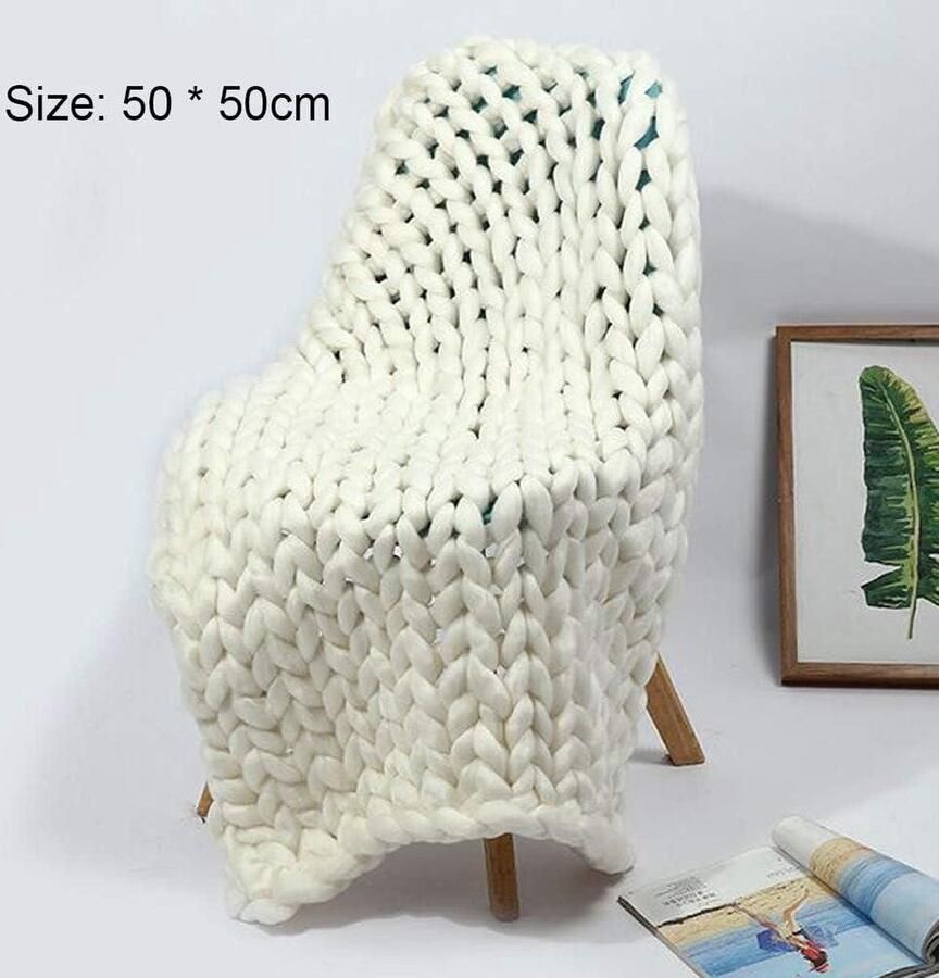 Grof Gebreide Wollen Deken Handgemaakt Huisdier Bed & Bank Sprei Super Groot Arm Gebreide Deken Woondecoratie & Geschenk Wit 50 cm x 50 cm