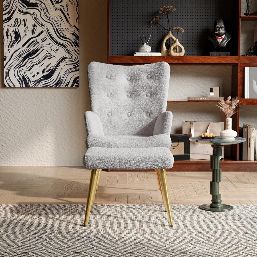 Grokos Fauteuil Stoel met Krukje Grijs Vintage Stijlvol Fluwelen Bekleding Elegante SGS Goedgekeurde Leesstoel Relaxstoel Krukje Moderne Look