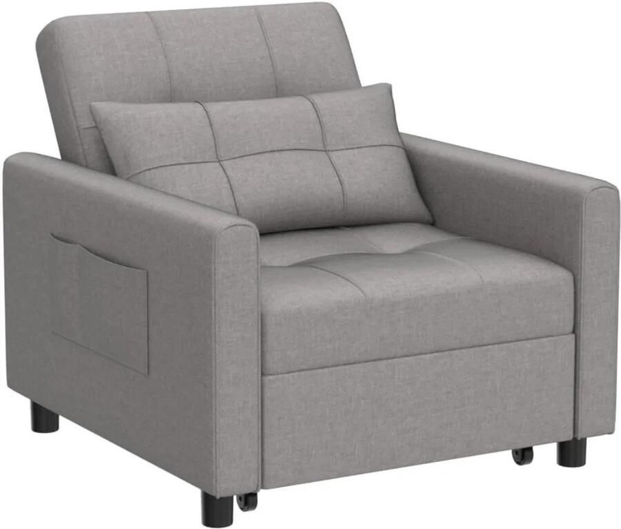 Grokos Slaapbank Bed Slaapbank 1 Persoons Slaapstoel 3-In-1 Bank met Slaapfunctie Verstelbare Bedbank Sofa met Armleuningen voor Woonkamer Slaapkamer Logeerkamer Licht grijs