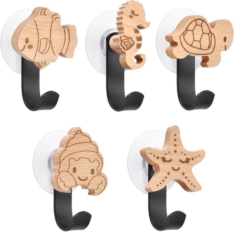 GROOHAFY houten kapstokhaken voor kinderen zelfklevende wandhaken in dierenvorm kinderkapstokhaken kledinghaken wandhangers deurhaken meubelknoppen houten handgrepen (zeedieren)