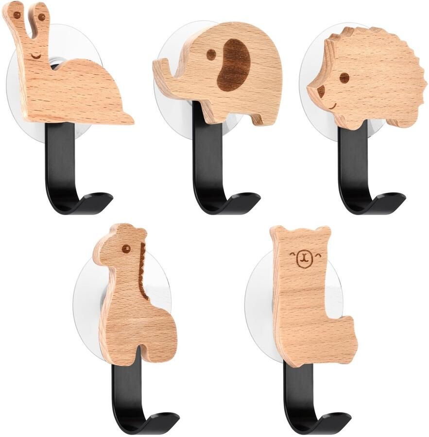 GROOHAFY houten kapstokhaken voor kinderen zelfklevende wandhaken in dierenvorm kinderkapstokhaken kledinghaken wandhangers deurhaken meubelknoppen houten handgrepen (bosdieren 2)