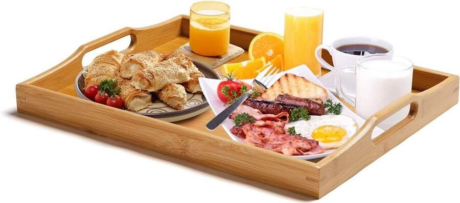 Groot Bamboe Dienblad Handgrepen Houten Dienblad Ontbijt Thee Salontafel Decoratief Natuurlijk Ontbijt Dienblad