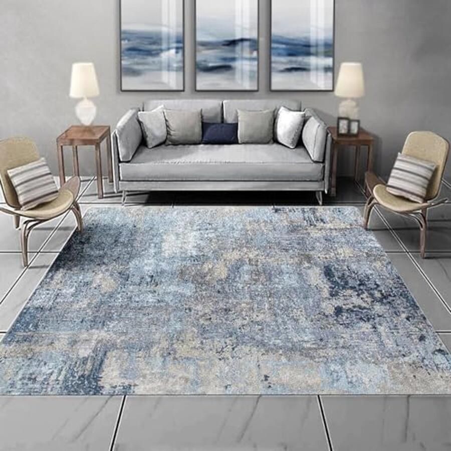 Groot Blauw Vloerkleed 200 x 250 cm Modern Abstract Patroon Wasbaar en Antislip