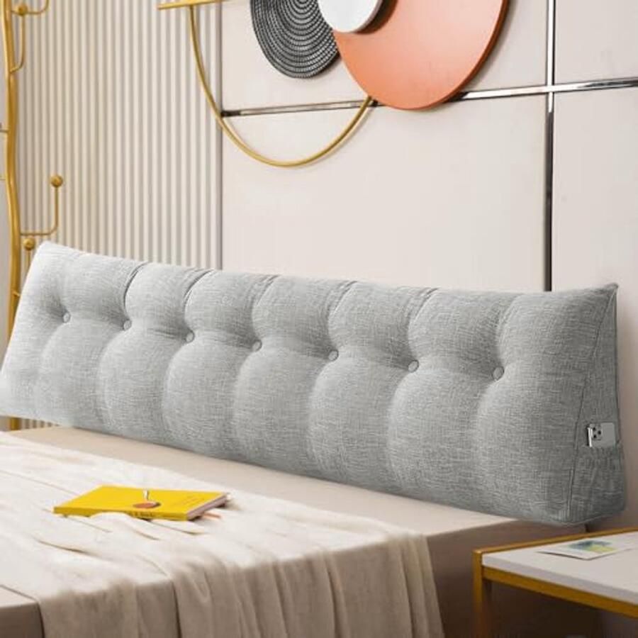 Groot grijs leeskussen met lendensteun Driehoekig steun kussen voor bank en bed