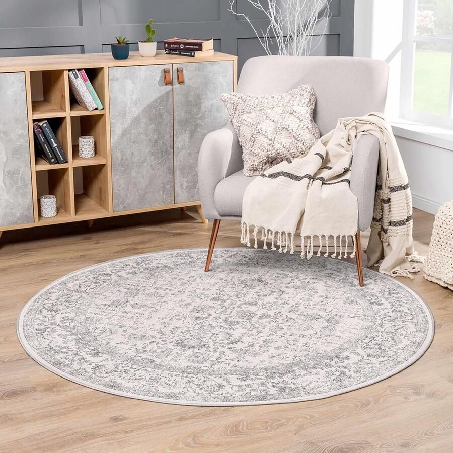 GROOT Grijs Rond Tapijt 120 cm Rond Entree Tapijt Klein Rond Vloerkleed Keuken Vintage Tapijt Antislip Binnen Slaapkamer Wasbaar Verweerd Tapijt Bloemen Deurmat Retro