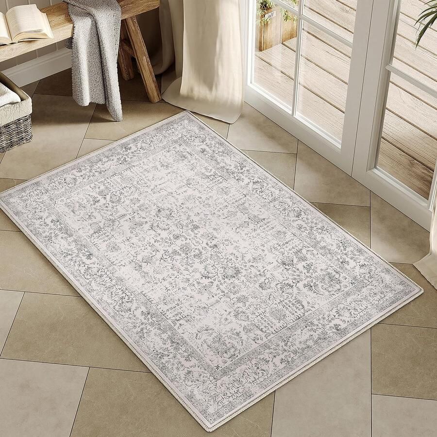 GROOT grijs vloerkleed 60x90 cm entreekleed keuken vintage woonkamerkleed binnen slaapkamerkleed wasbaar verweerd vloerkleed grijze bloemen deurmat retro accentkleed kantoor badkamer