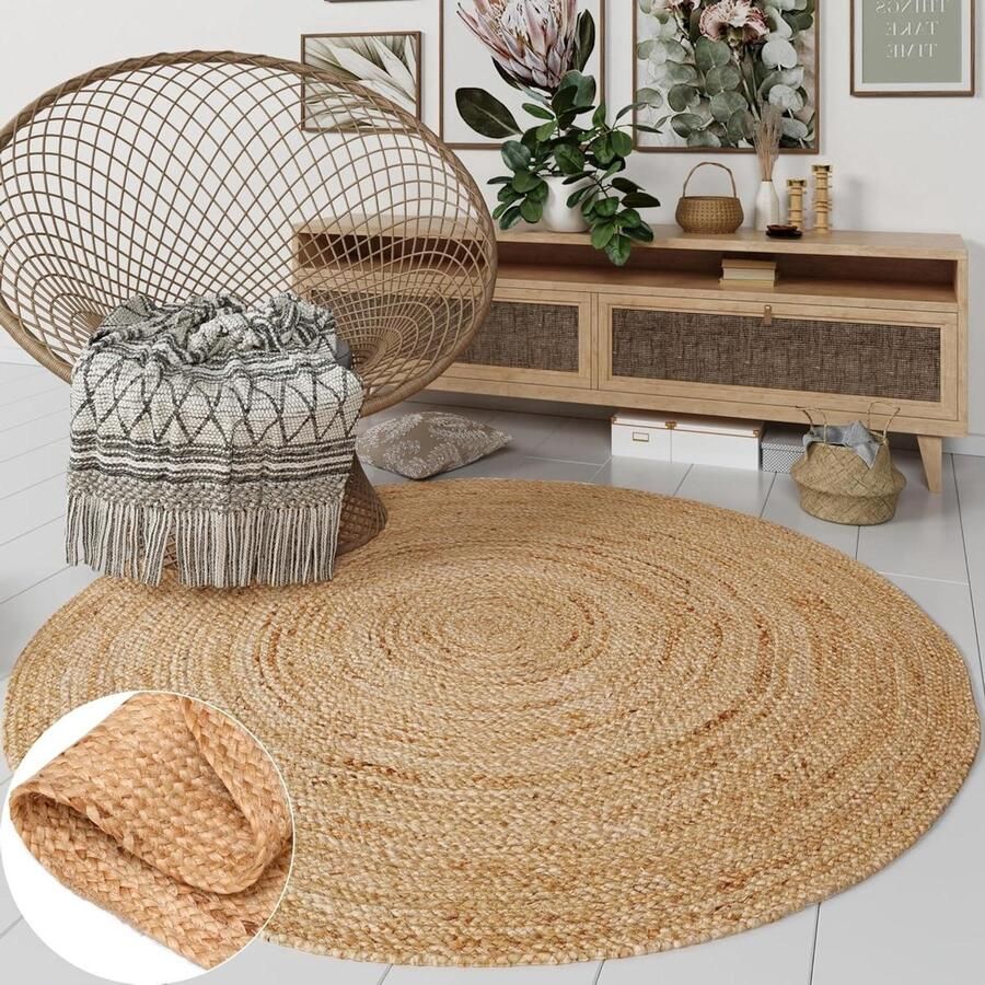 Groot handgeweven jute tapijt Nitin 120 x 120 cm rond natuur robuust en handgemaakt jute tapijt in boho-stijl handgeweven en uniek