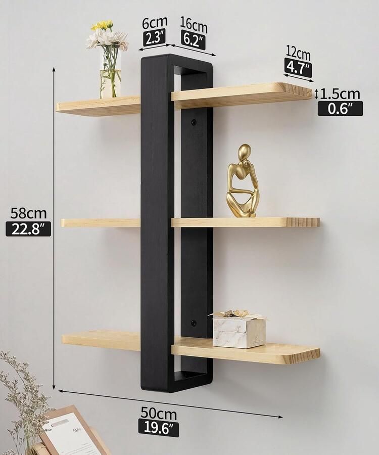 Groot Houten Wandrek Lang Verstelbaar 3 Niveaus 50 x 58 cm Hangende Organizer en Decoratie voor Huis Keuken Woonkamer Badkamer Kantoor Slaapkamer Zwart