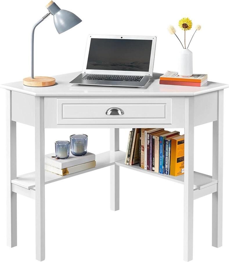 Hoekbureau met lade Groot L-vormig make-uptafel voor slaapkamer en kantoor Moderne stijl 106x715x765 cm Wit