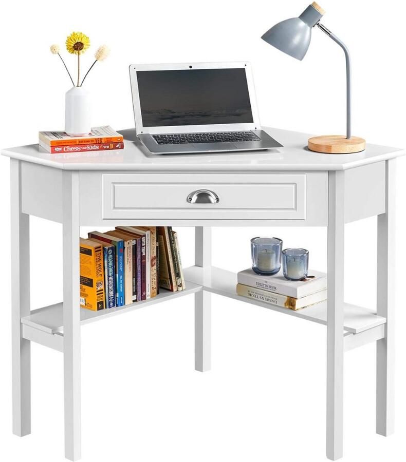 Groot L-vormig hoekbureau met lade moderne make-uptafel voor slaapkamer en kantoor 106x715x765 cm wit