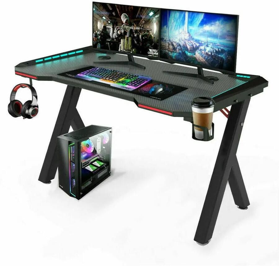 Groot Laptop Computer Bureau Rechthoekig Staand Bureau Groot Formaat met RGB LED Verlichting Gaming en Thuiskantoor PC Bureau Zwart
