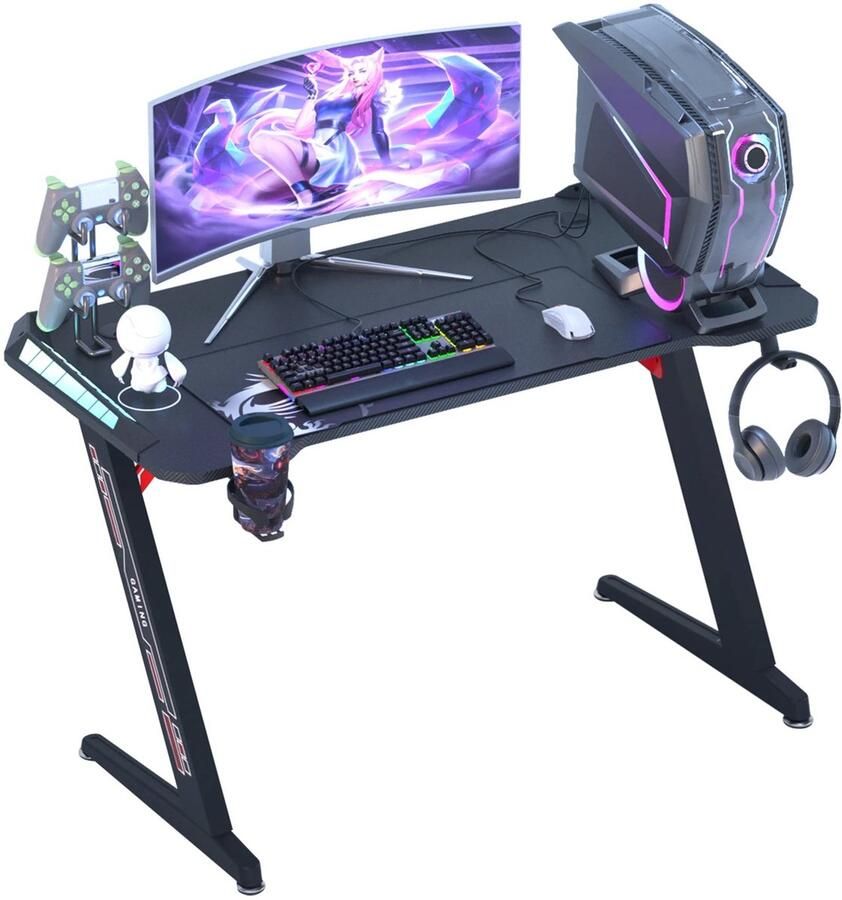 Corenia Groot Laptopcomputerbureau Rechthoekig Staand Bureau Z-vormig PC-Bureau In Hoogte Verstelbaar Gaming en Thuiskantoor 55 11 x 23 62 x 30 71 inch Zwart