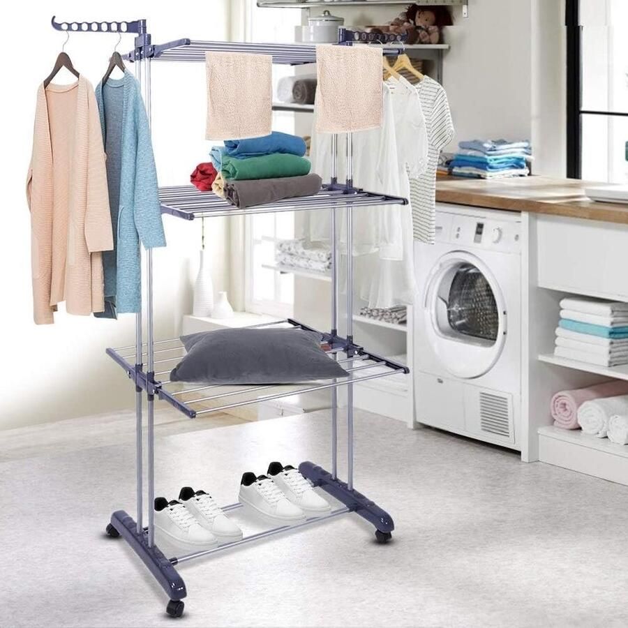 Groot Opvouwbaar Kledingrek 3-laags Droogrek Binnen Buiten Opvouwbare Kleding Airers Glijdend Kledingrek met Zijvleugels 2945 'L x 69' H 35 kg Capaciteit