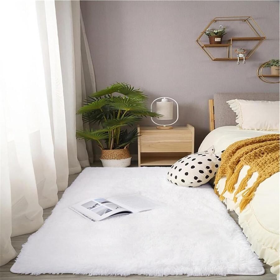 Groot pluizig shaggy tapijt 120 x 160 cm superzacht slaapkamer imitatiebont wasbaar indoor bank vloertapijt moderne luxe dikke accent vloermat voor woonkamer stoel bed wit