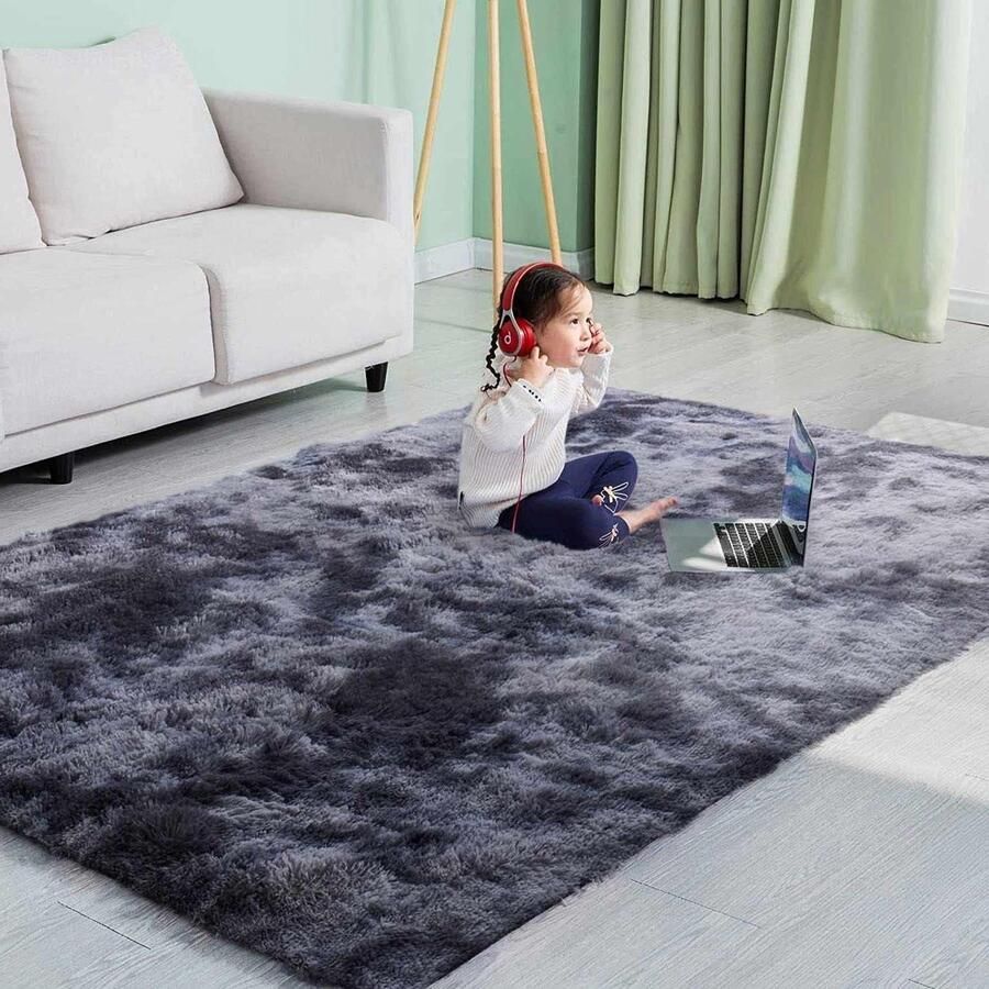 Groot pluizig tapijt voor woonkamer slaapkamer shaggy wasbaar zacht binnendecoratie grijs zwart 120 x 170 cm